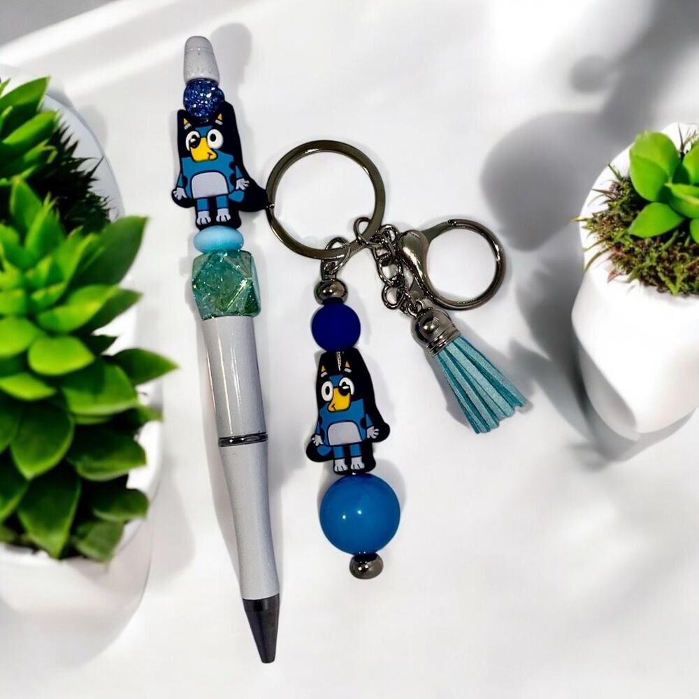 Bluey Handmade Beaded Ballpoint Pen & Matching Keychain